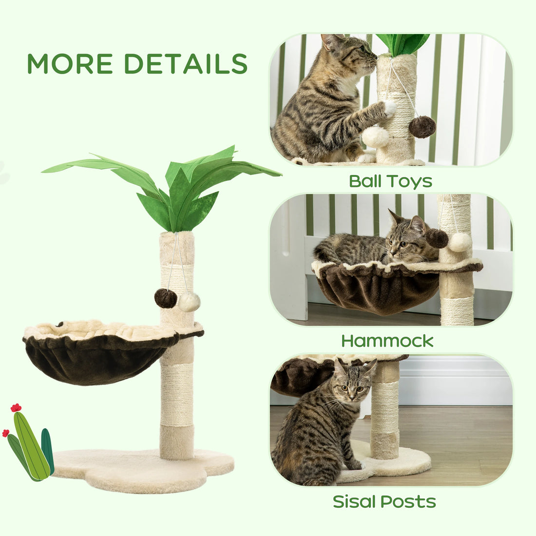 PawHut 68cm Palm Tree Shaped Cat Tree w/ Hammock, Sisal Scratching Post - Beige