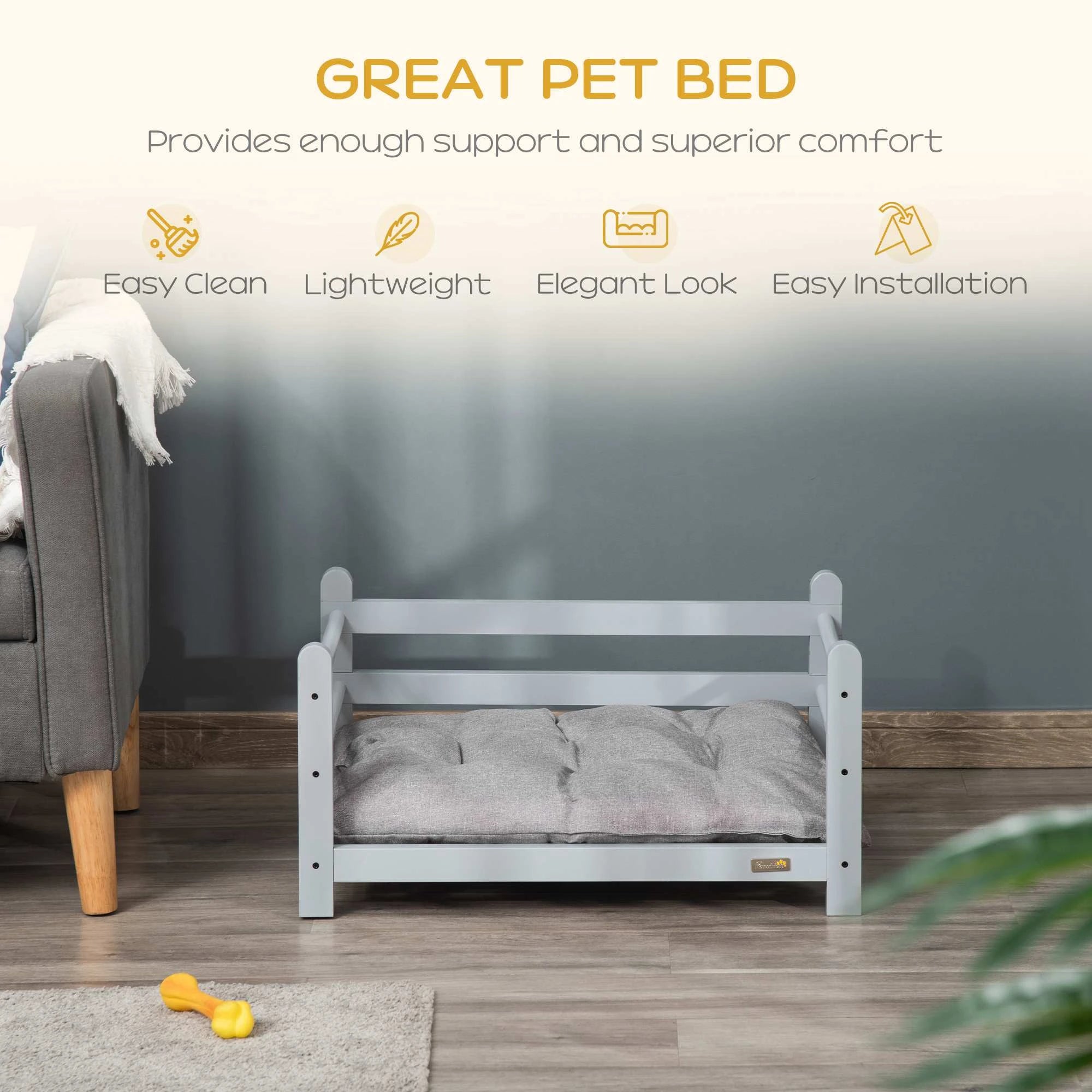 PawHut Raised Pet Bed for Small Dogs Cats w/ Washable Cushion, Grey