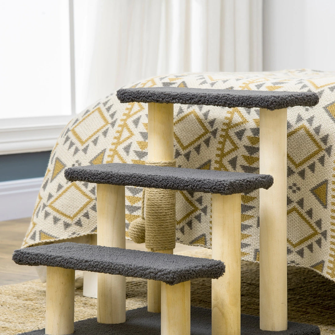 PawHut 48cm Three-Step Cat Tree, with Toy Ball, Jute Scratching Post - Grey