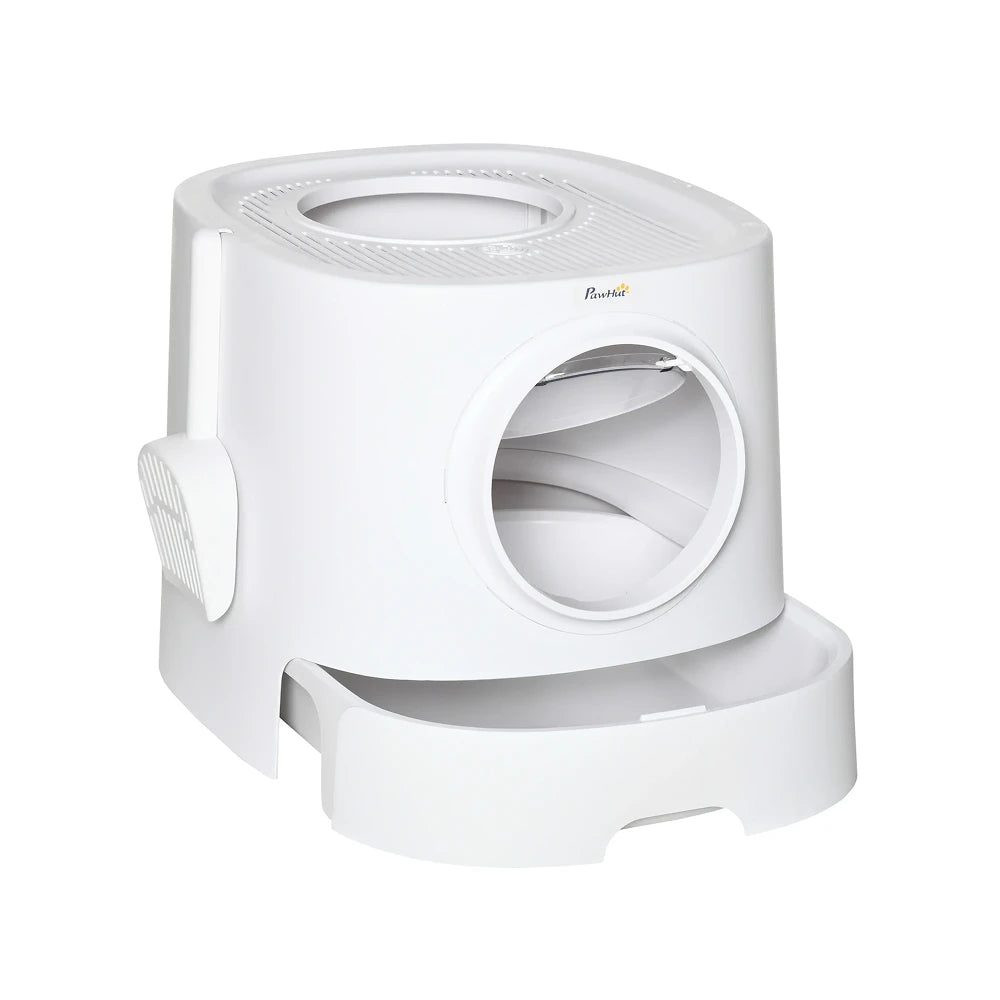 PawHut Portable Cat Litter Box, Pet Toilet with Front Entry Top Exit, Fully Enclosed Kitten Pan with Scoop, White