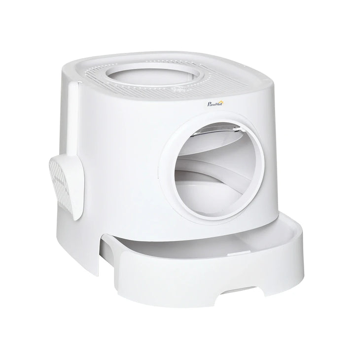 PawHut Portable Cat Litter Box, Pet Toilet with Front Entry Top Exit, Fully Enclosed Kitten Pan with Scoop, White