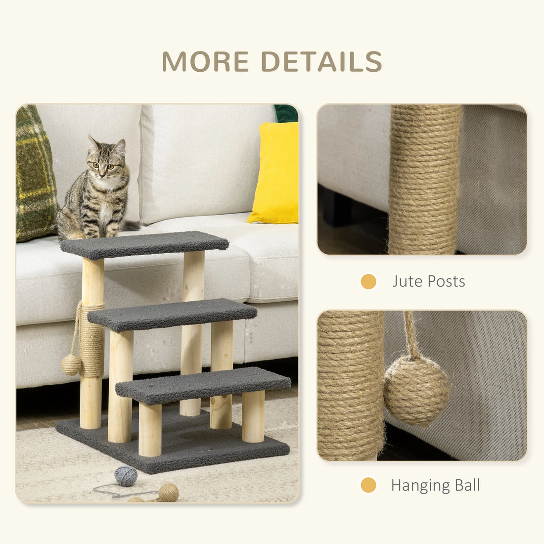 PawHut 48cm Three-Step Cat Tree, with Toy Ball, Jute Scratching Post - Grey