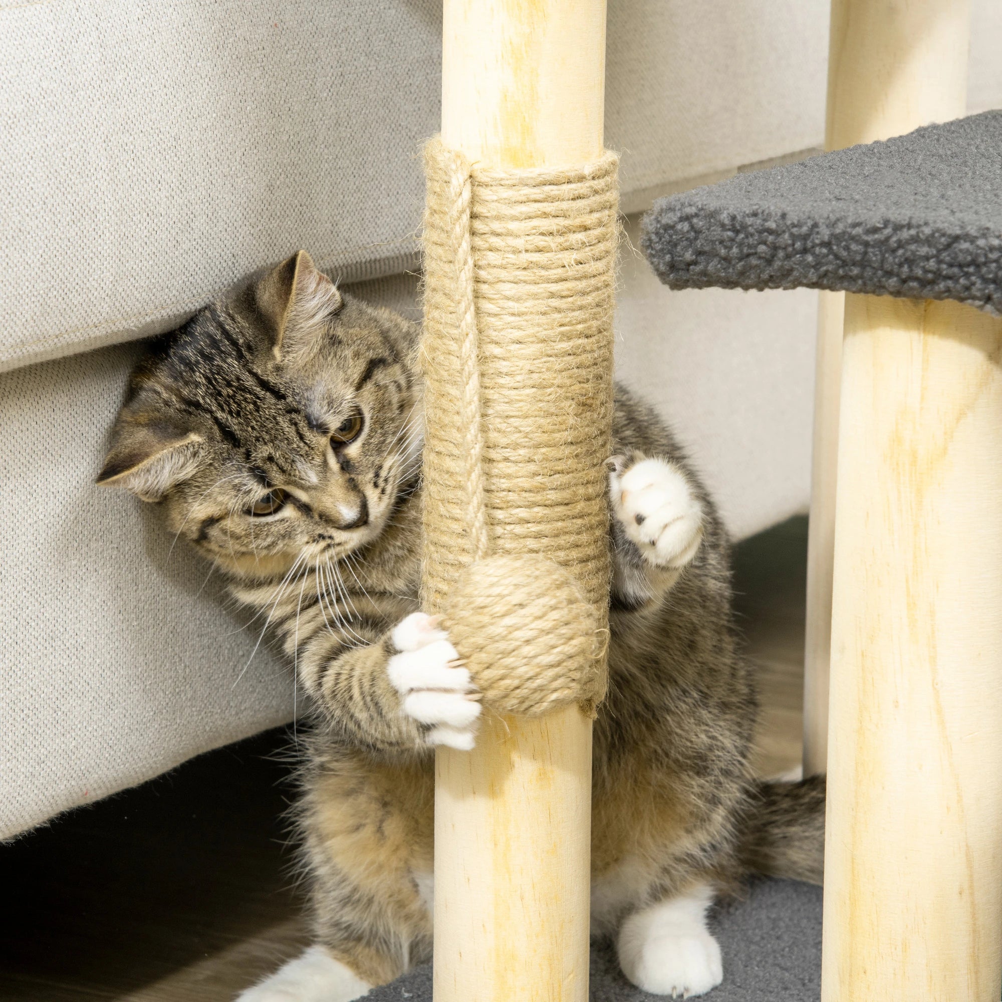 PawHut 48cm Three-Step Cat Tree, with Toy Ball, Jute Scratching Post - Grey