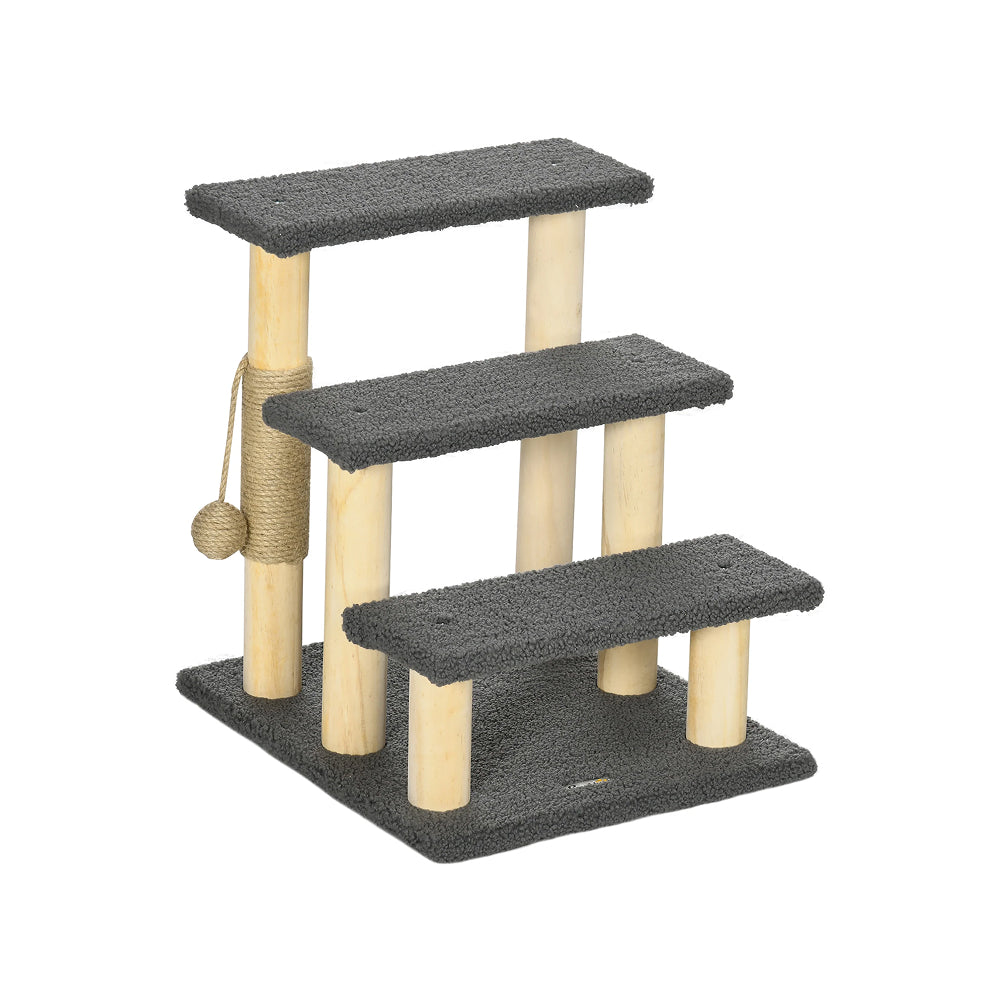 PawHut 48cm Three-Step Cat Tree, with Toy Ball, Jute Scratching Post - Grey