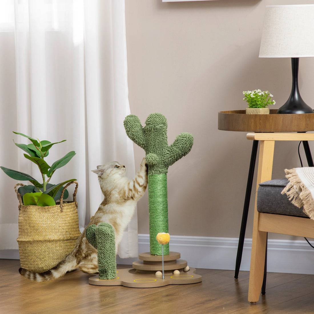 PawHut 60cm Chenille Cat Tree, with Interactive Toy Balls, Sisal Scratching Posts - Green