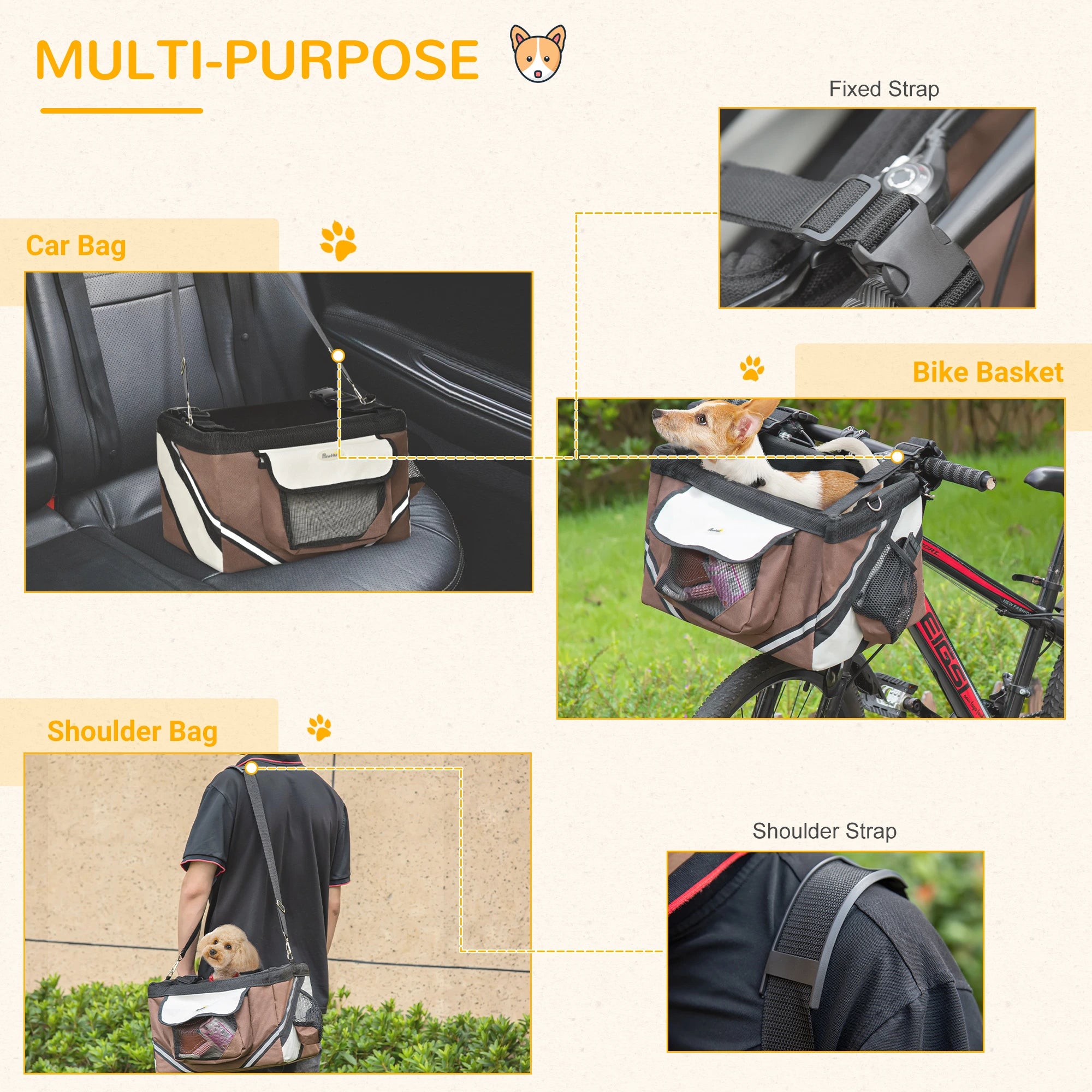 PawHut Dog Bike Basket, 3 in 1 Cat Travel Bag Bicycle Carrier Sling Bag with Storage