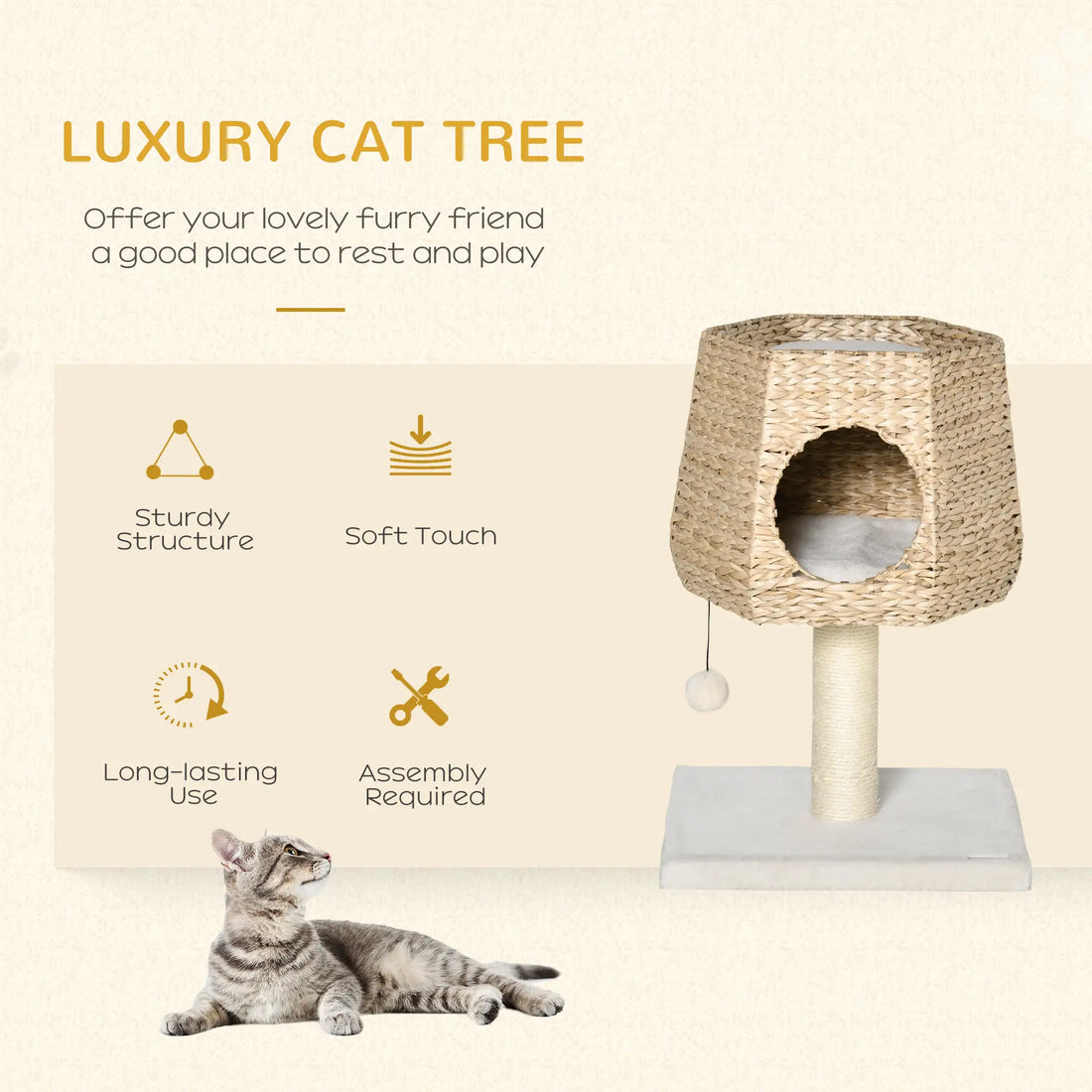PawHut Cat Tree Tower with Scratching Post for Indoor Cats Climbing Activity Center Kitten Furniture Condo Sisal Natural