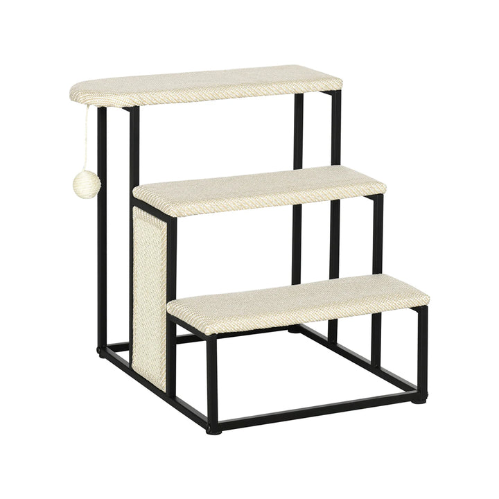 PawHut Three-Step Pet Stairs, with Sisal Scratching Board, Toy Hanging Ball, Steel Frame