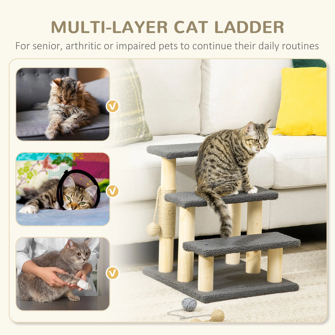 PawHut 48cm Three-Step Cat Tree, with Toy Ball, Jute Scratching Post - Grey