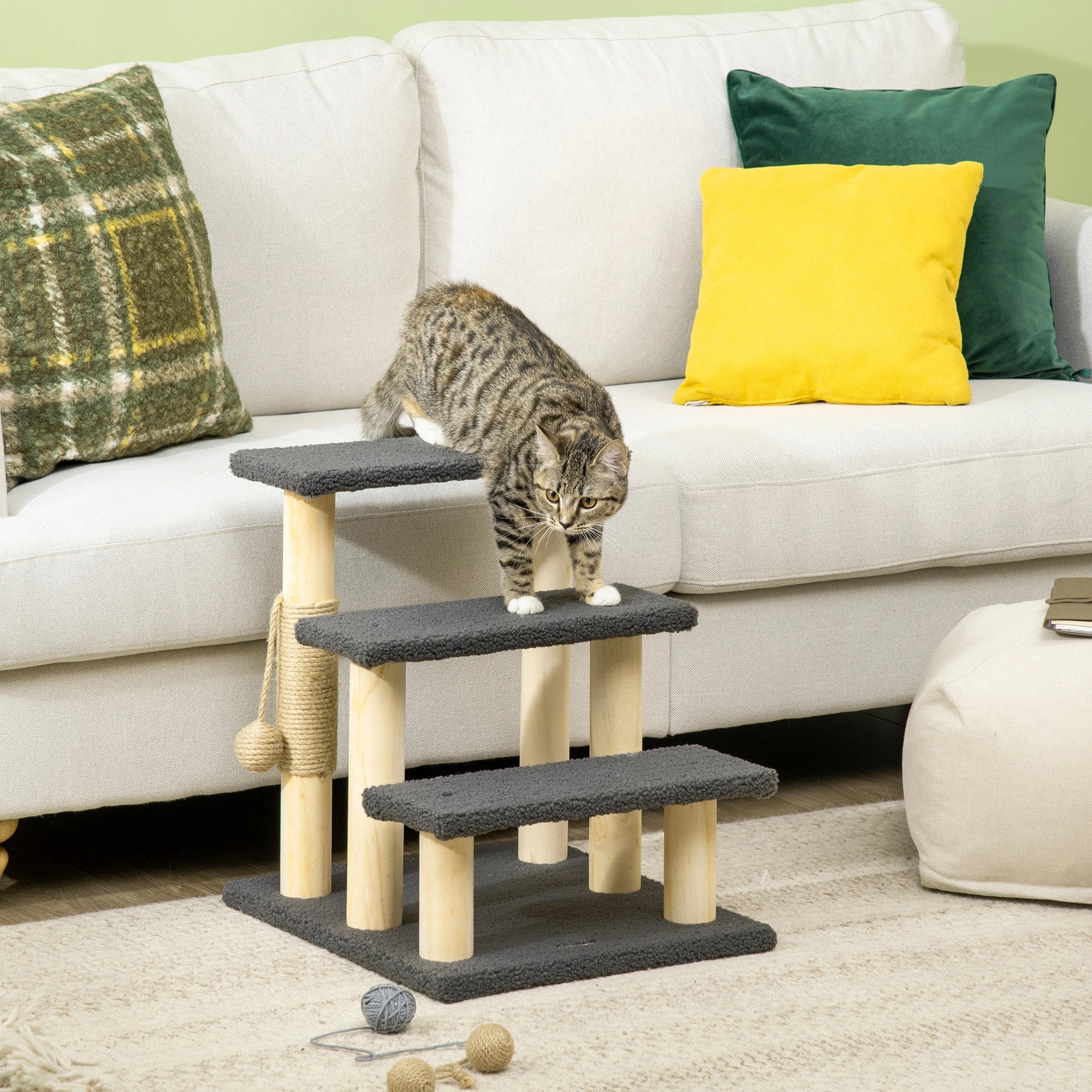 PawHut 48cm Three-Step Cat Tree, with Toy Ball, Jute Scratching Post - Grey