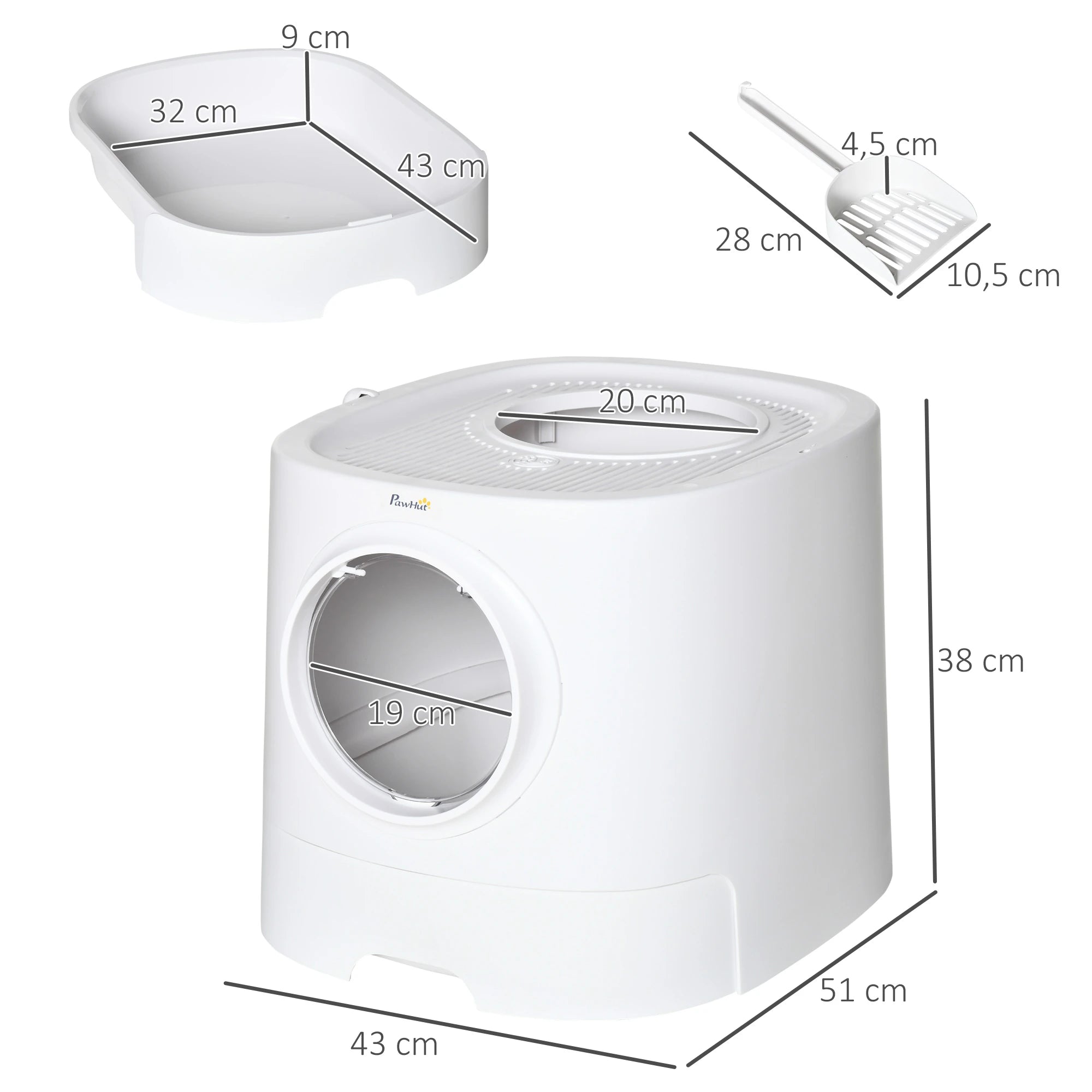 PawHut Portable Cat Litter Box, Pet Toilet with Front Entry Top Exit, Fully Enclosed Kitten Pan with Scoop, White