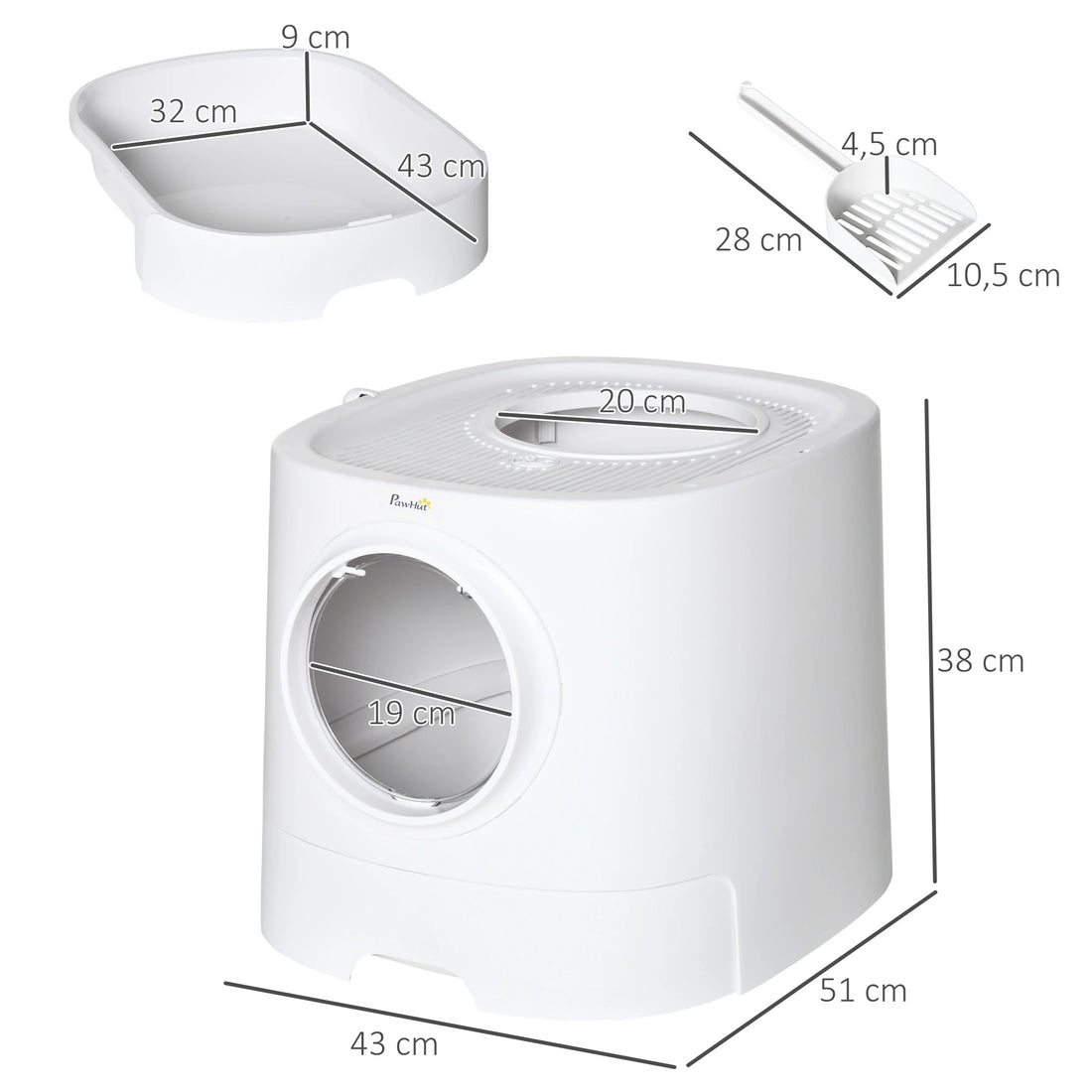 PawHut Portable Cat Litter Box, Pet Toilet with Front Entry Top Exit, Fully Enclosed Kitten Pan with Scoop, White