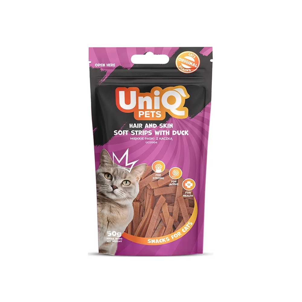UNIQ PETS Cat Snacks Soft Hair And Skin Strips With Duck 50g