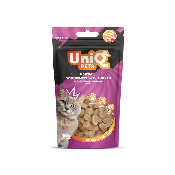 UNIQ PETS Cat Snacks Soft Hairball Hearts With Chicken 50g