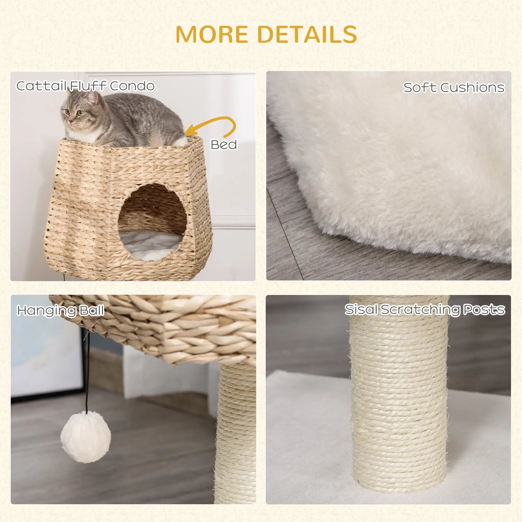 PawHut Cat Tree Tower with Scratching Post for Indoor Cats Climbing Activity Center Kitten Furniture Condo Sisal Natural