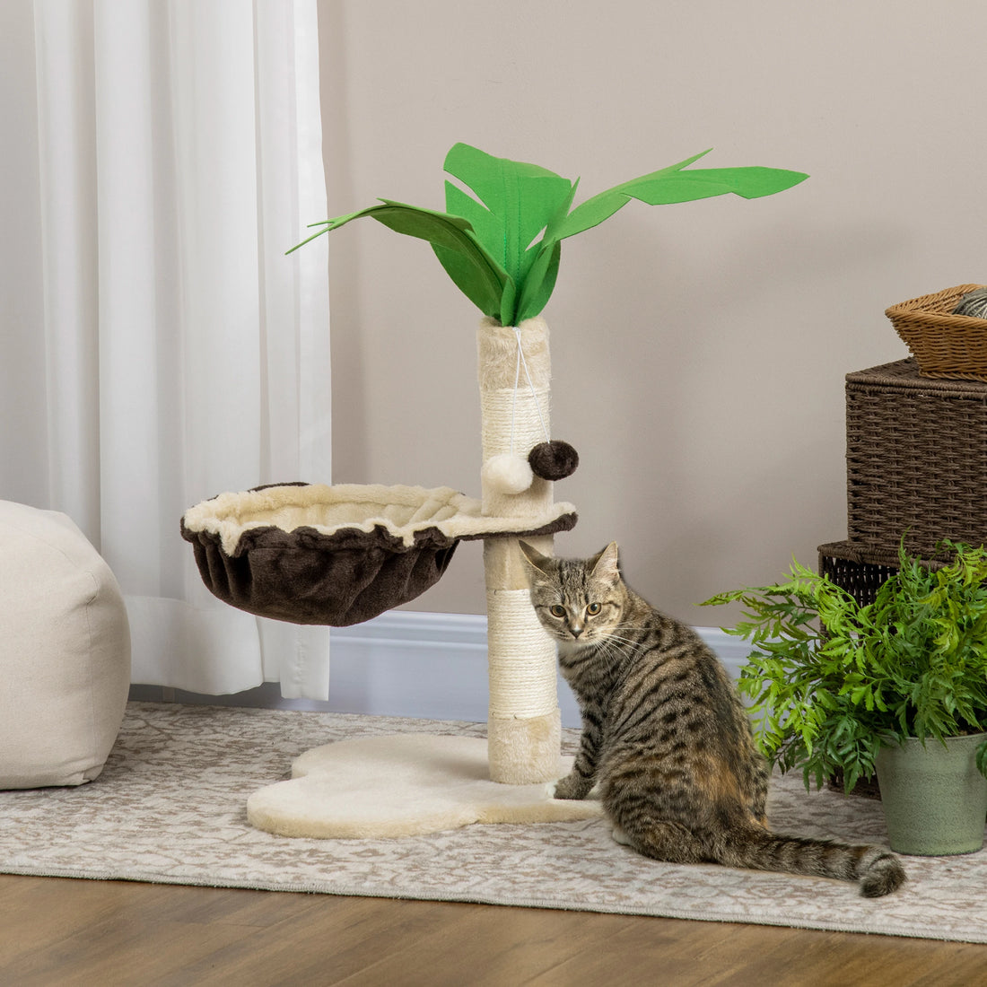 PawHut 68cm Palm Tree Shaped Cat Tree w/ Hammock, Sisal Scratching Post - Beige
