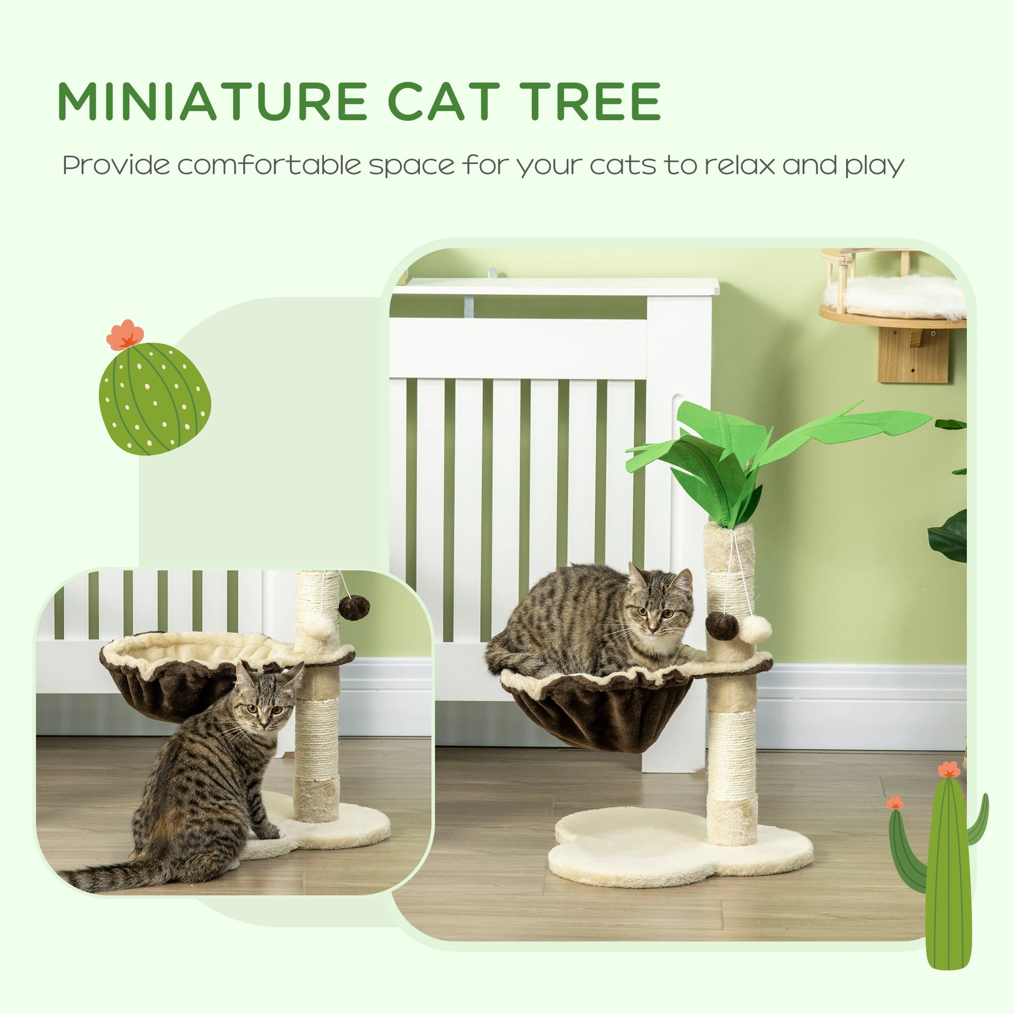 PawHut 68cm Palm Tree Shaped Cat Tree w/ Hammock, Sisal Scratching Post - Beige