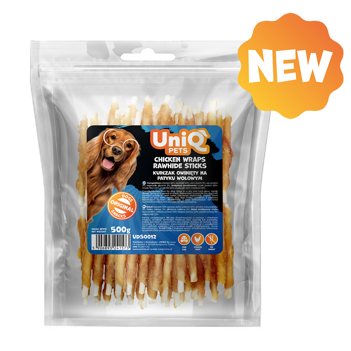 UNIQ PETS Dog Snacks Chicken Wraps Rawhide Sticks 500g