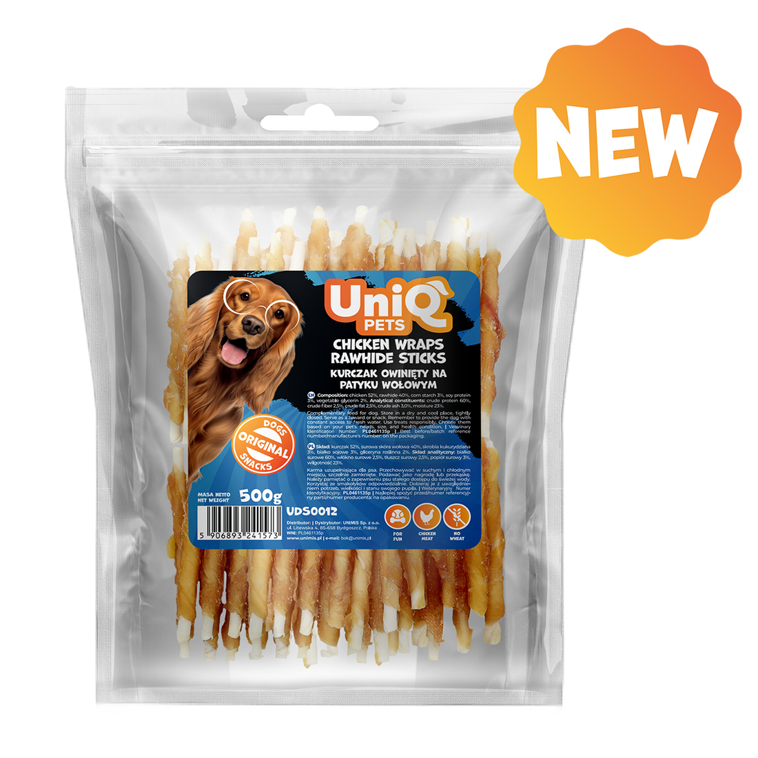 UNIQ PETS Dog Snacks Chicken Wraps Rawhide Sticks 500g