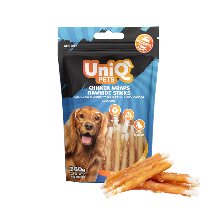 UNIQ PETS Dog Snacks Chicken Wraps Rawhide Sticks 250g