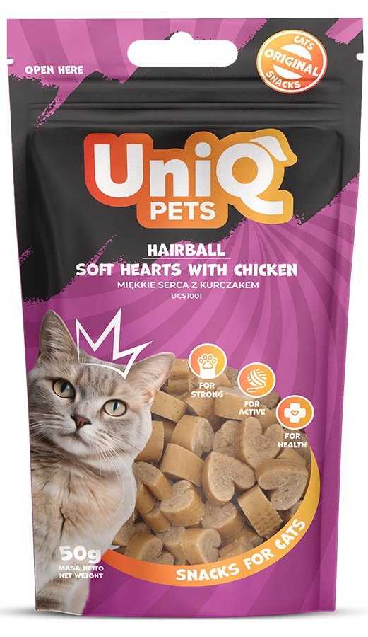 UNIQ PETS Cat Snacks Anti-Hairball Soft Hearts With Chicken 50g