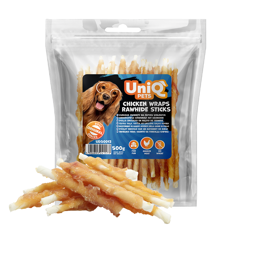 UNIQ PETS Dog Snacks Chicken Wraps Rawhide Sticks 500g