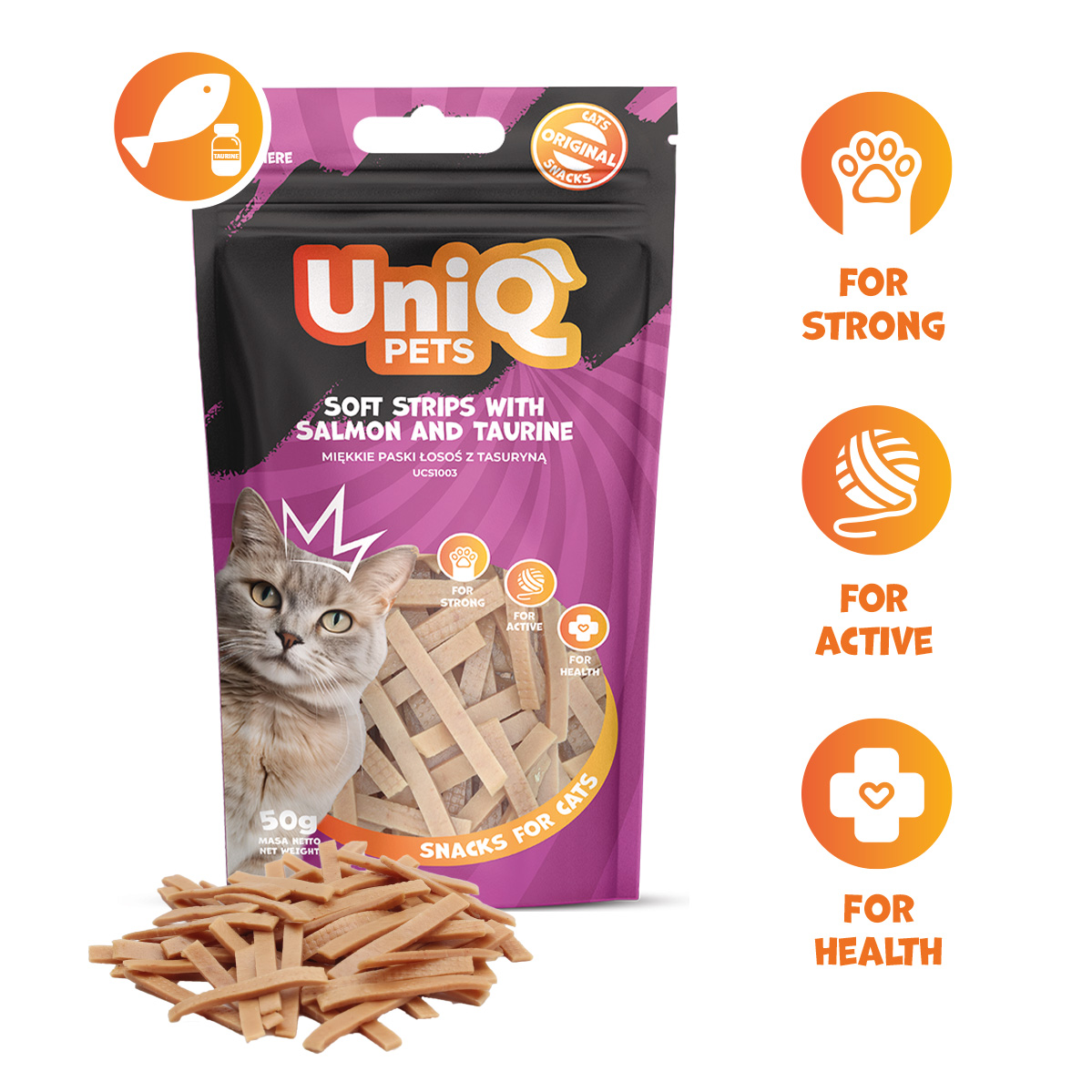 UNIQ PETS Cat Snacks Soft Strips With Salmon And Taurine 50g