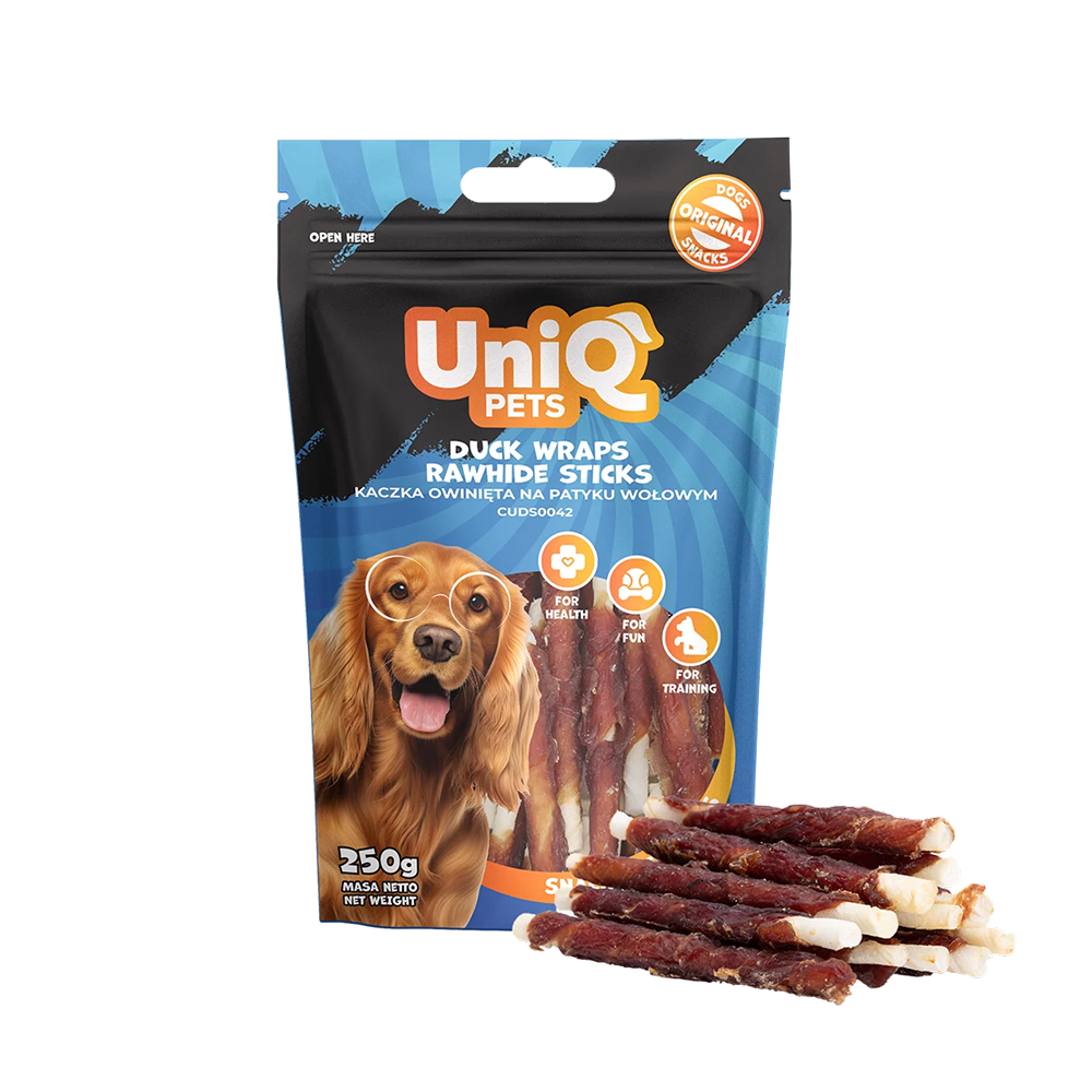 UNIQ PETS Dog Snacks Duck Wraps Rawhide Sticks 250g