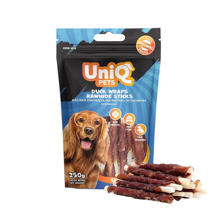 UNIQ PETS Dog Snacks Duck Wraps Rawhide Sticks 250g