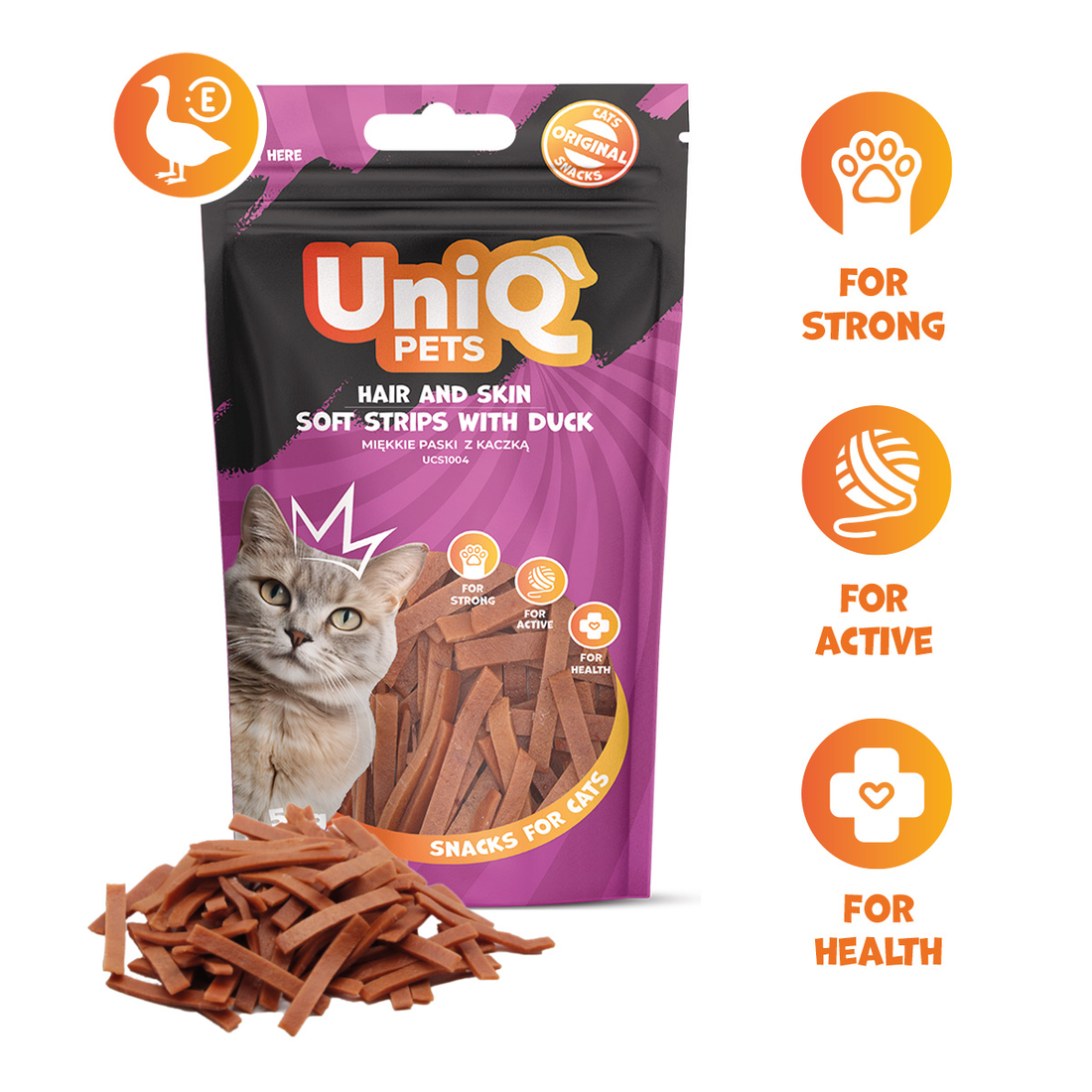 UNIQ PETS Cat Snacks Soft Hair And Skin Strips With Duck 50g