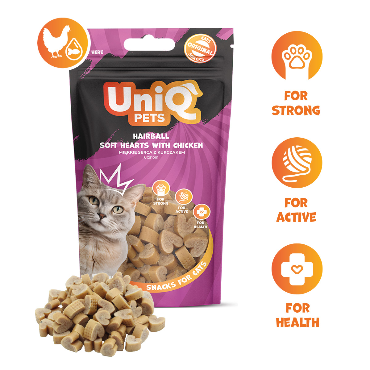 UNIQ PETS Cat Snacks Soft Hairball Hearts With Chicken 50g