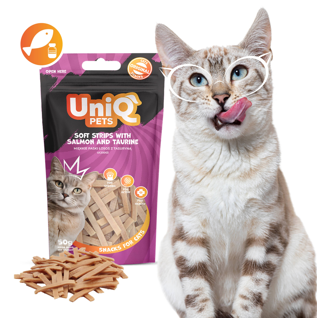 UNIQ PETS Cat Snacks Soft Strips With Salmon And Taurine 50g