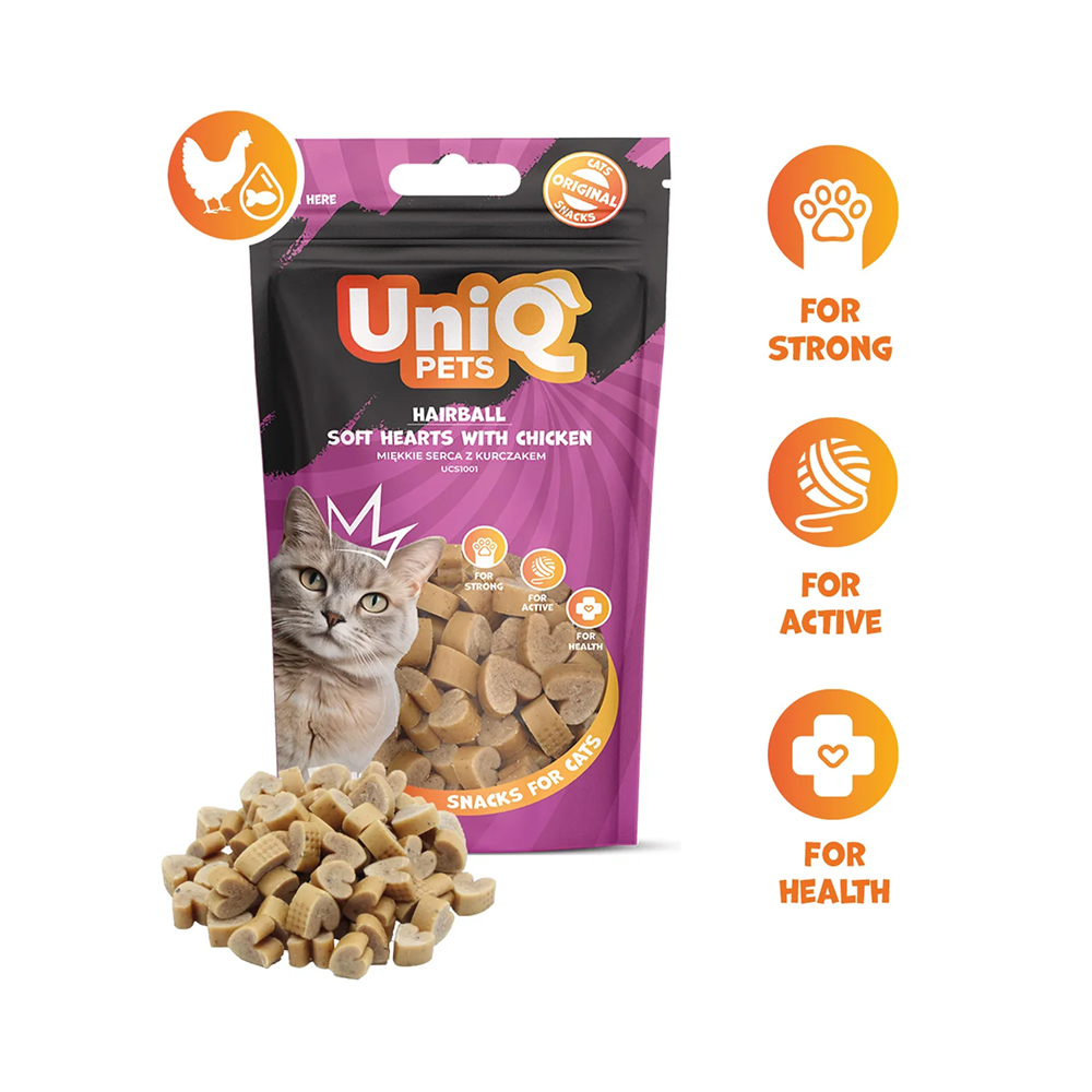 UNIQ PETS Cat Snacks Anti-Hairball Soft Hearts With Chicken 50g