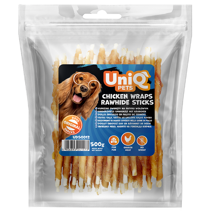 UNIQ PETS Dog Snacks Chicken Wraps Rawhide Sticks 500g