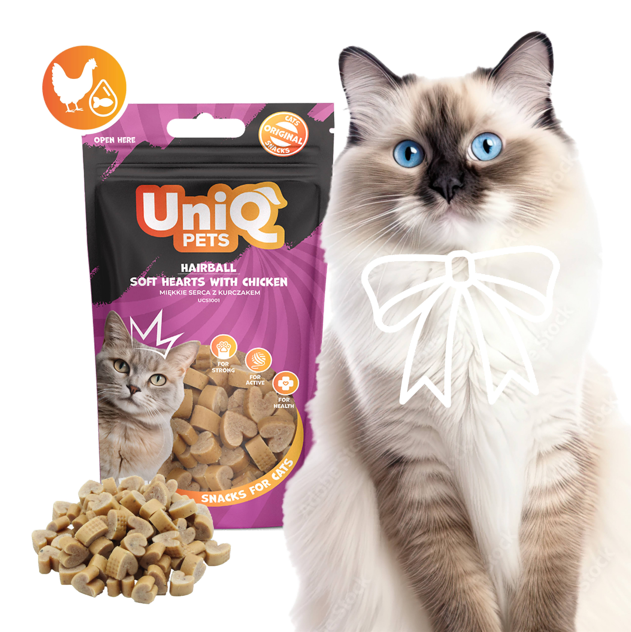UNIQ PETS Cat Snacks Anti-Hairball Soft Hearts With Chicken 50g