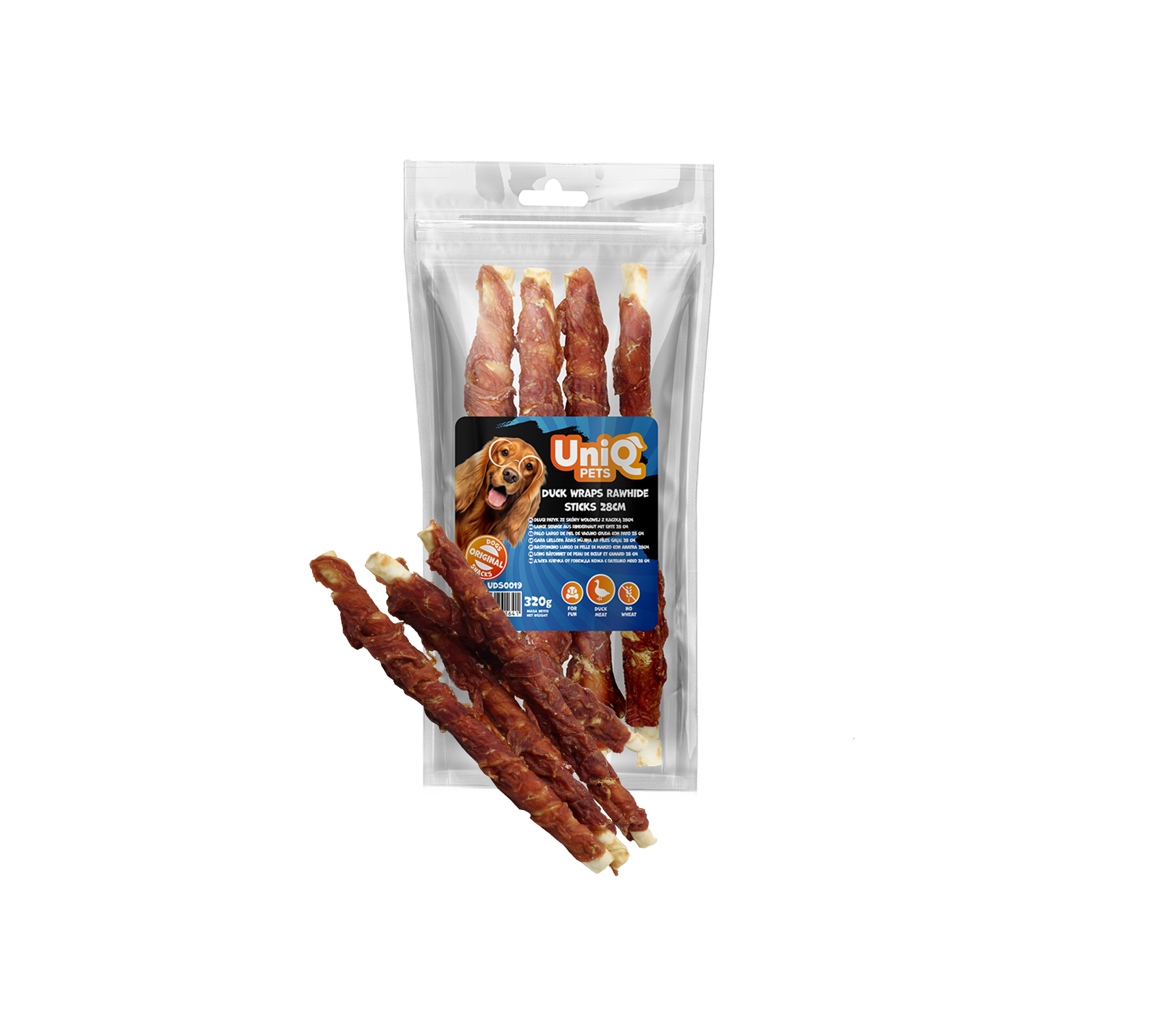 UNIQ PETS Dog Snacks Duck Wraps Rawhide Sticks 28cm 320g