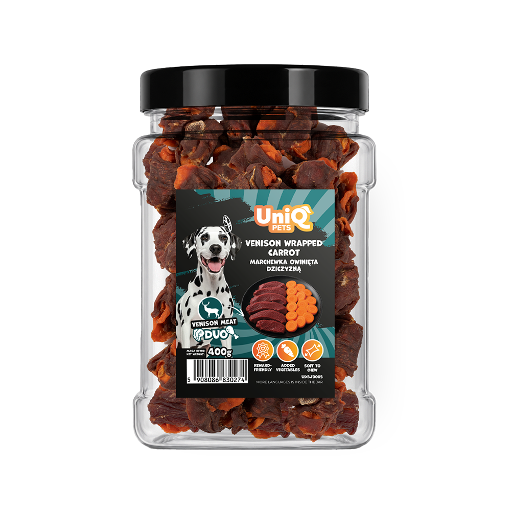 UNIQ PETS DOG SNACKS DUO Venison Wrapped Carrot 400g Jar