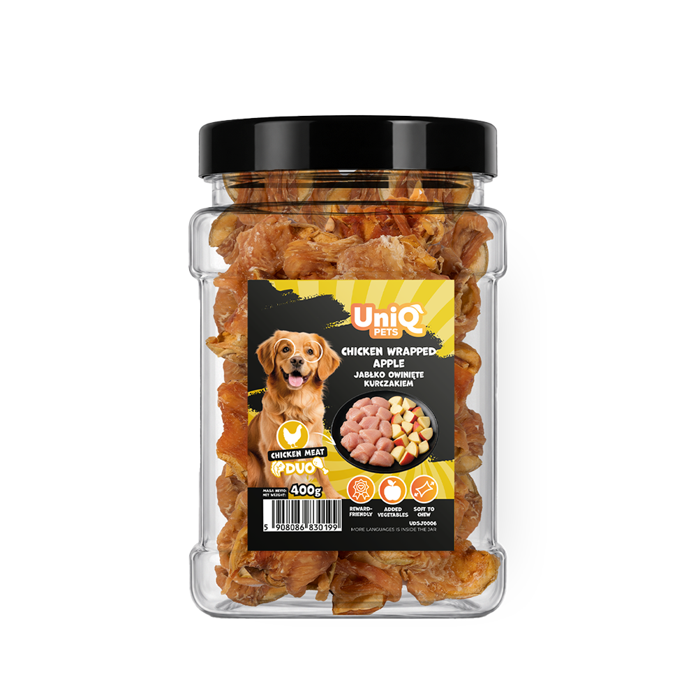 UNIQ PETS DOG SNACKS DUO Chicken Wrapped Apple 400g Jar