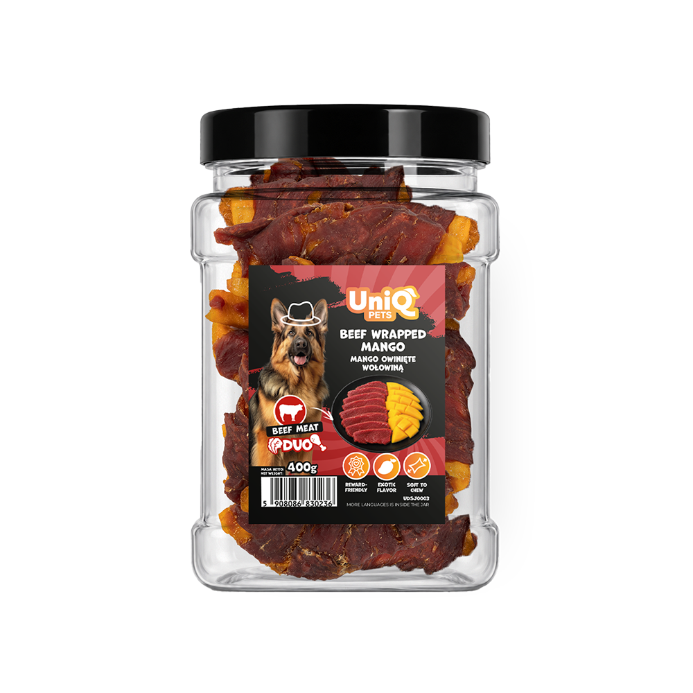 UNIQ PETS DOG SNACKS DUO Beef Wrapped Mango 400g Jar