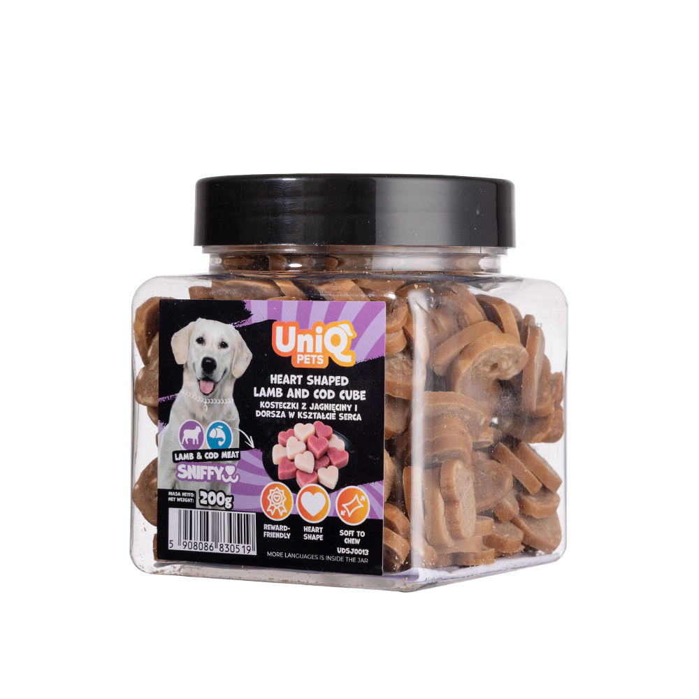 UNIQ PETS DOG SNACKS SNIFFY Heart Shaped Lamb+Cod Cube 200g Jar
