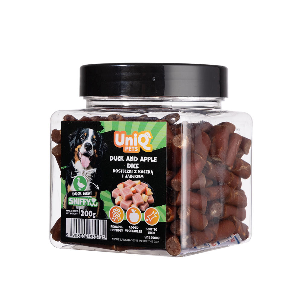 UNIQ PETS DOG SNACKS SNIFFY Duck+Apple Dice 200g Jar