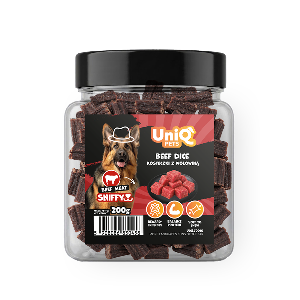 UNIQ PETS DOG SNACKS SNIFFY Beef Dice 200g Jar