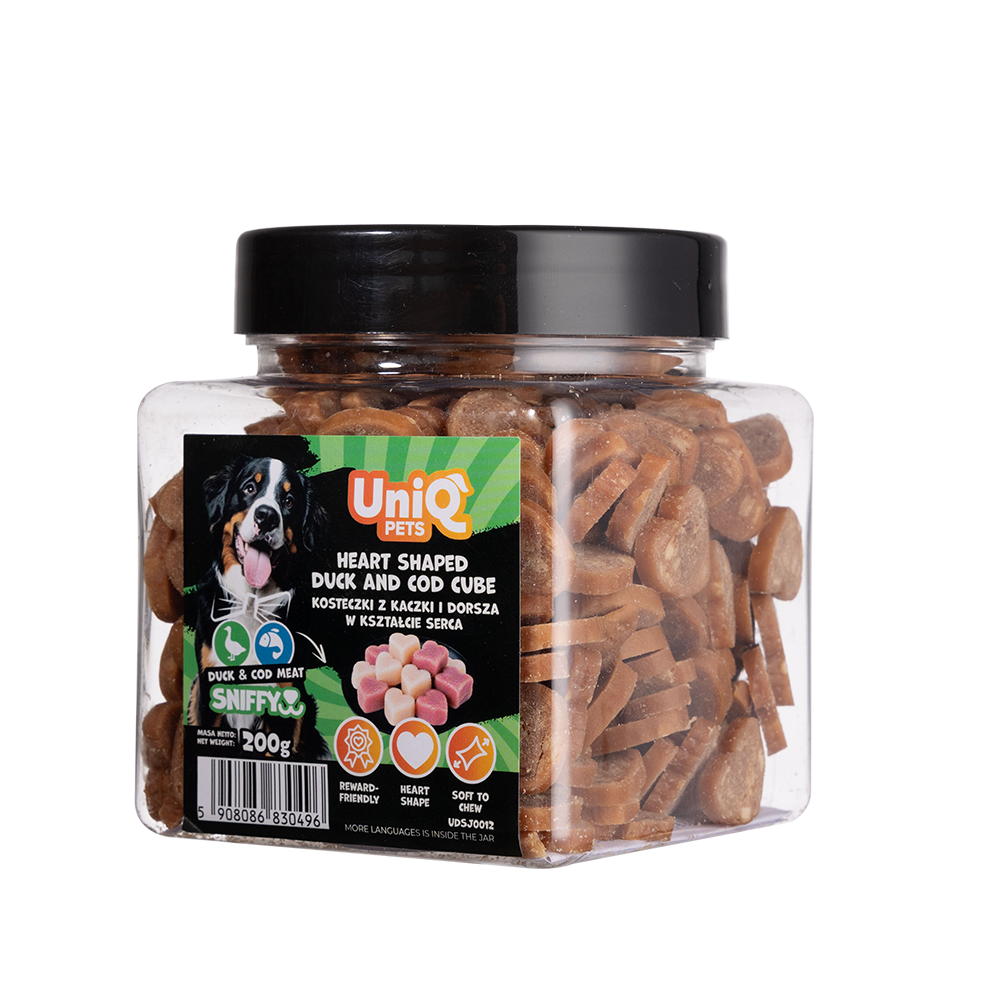 UNIQ PETS DOG SNACKS SNIFFY Heart Shaped Duck+Cod Cube 200g Jar