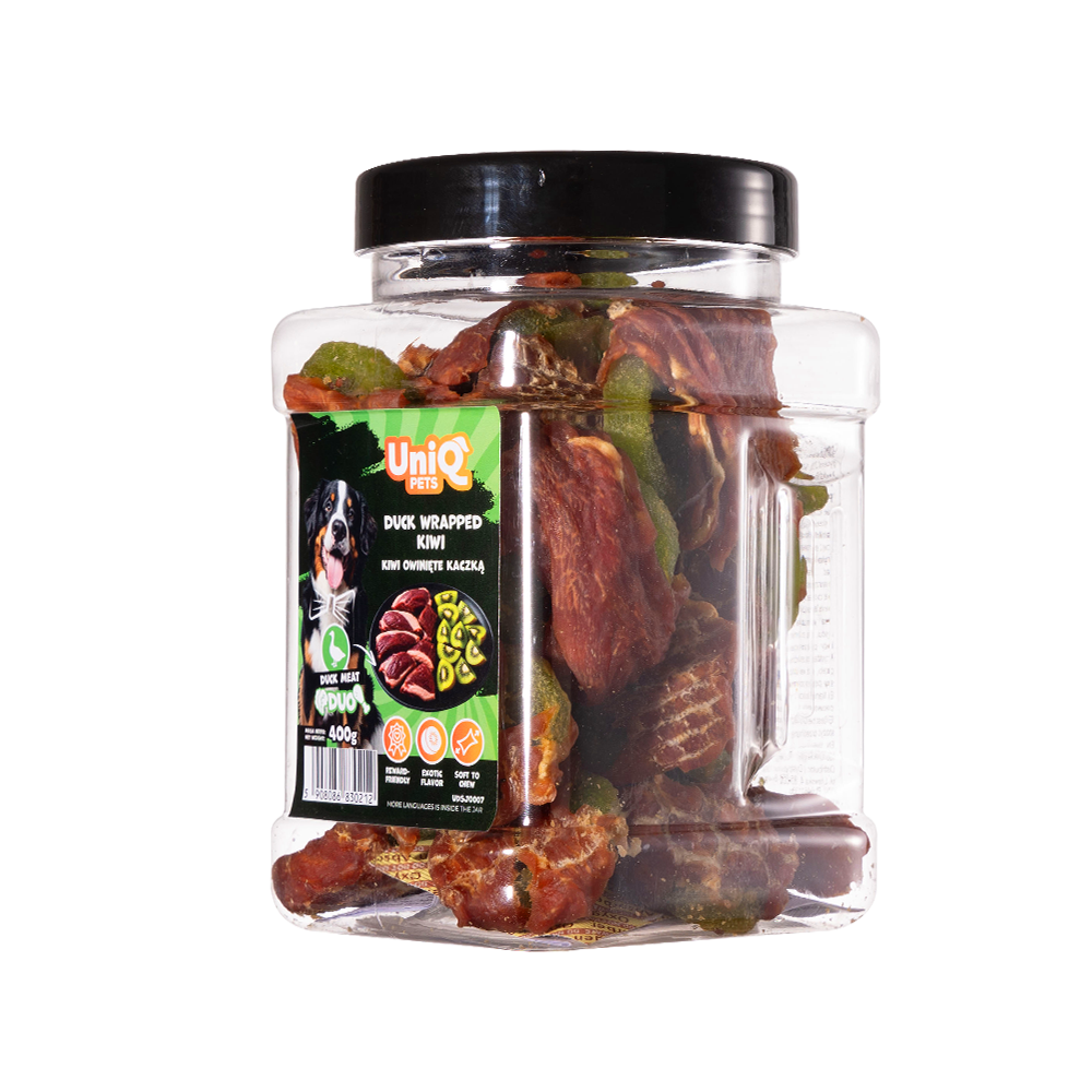 UNIQ PETS DOG SNACKS DUO Duck Wrapped Kiwi 400g Jar