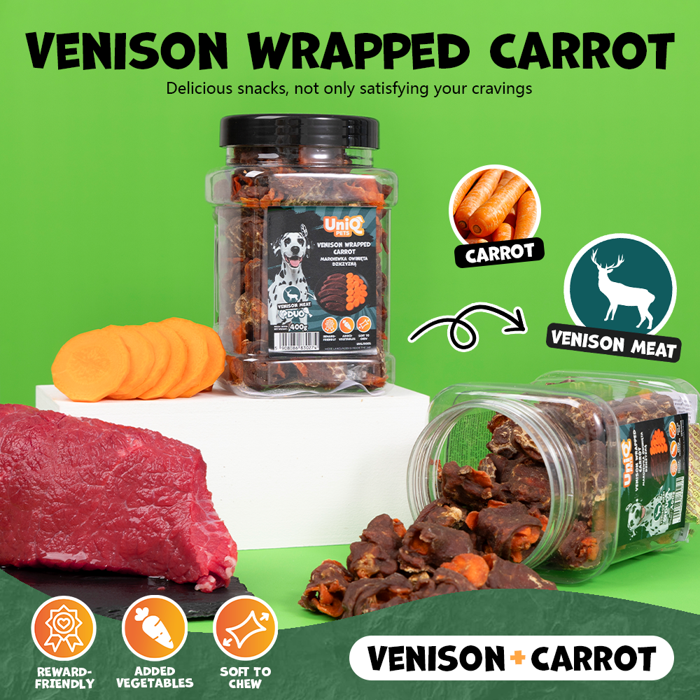 UNIQ PETS DOG SNACKS DUO Venison Wrapped Carrot 400g Jar