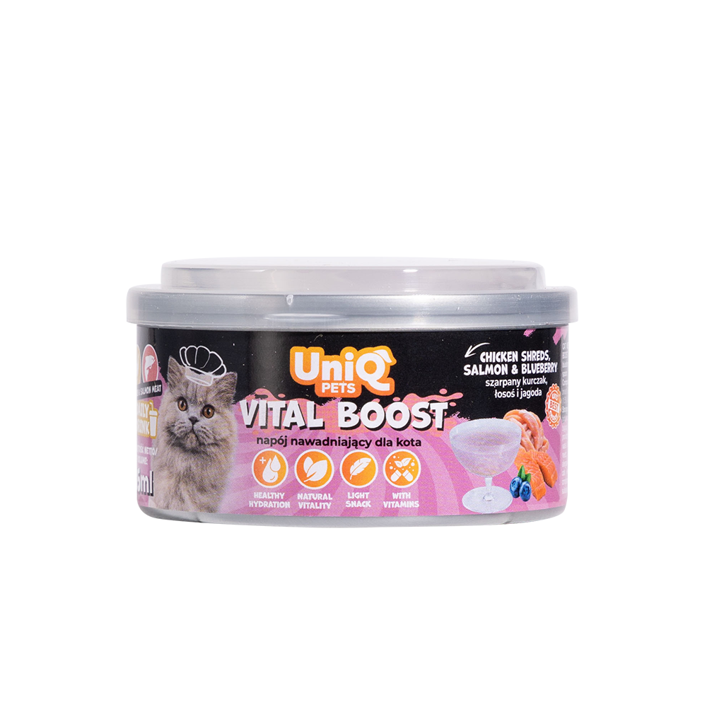 UNIQ PETS CAT WET DAILY DRINK VITAL BOOST Chicken Shreds, Salmon & Blueberry 85ml
