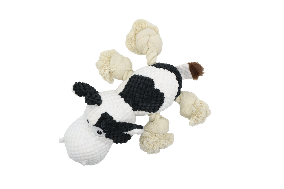 UNIQ PETS PLUSH DOG TOY FARM FRIENDS Cow with Ropes and Squeaker