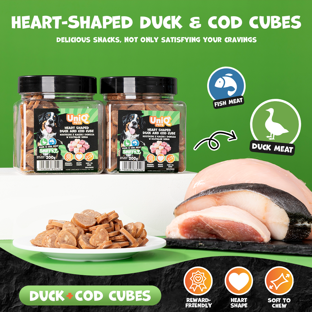 UNIQ PETS DOG SNACKS SNIFFY Heart Shaped Duck+Cod Cube 200g Jar