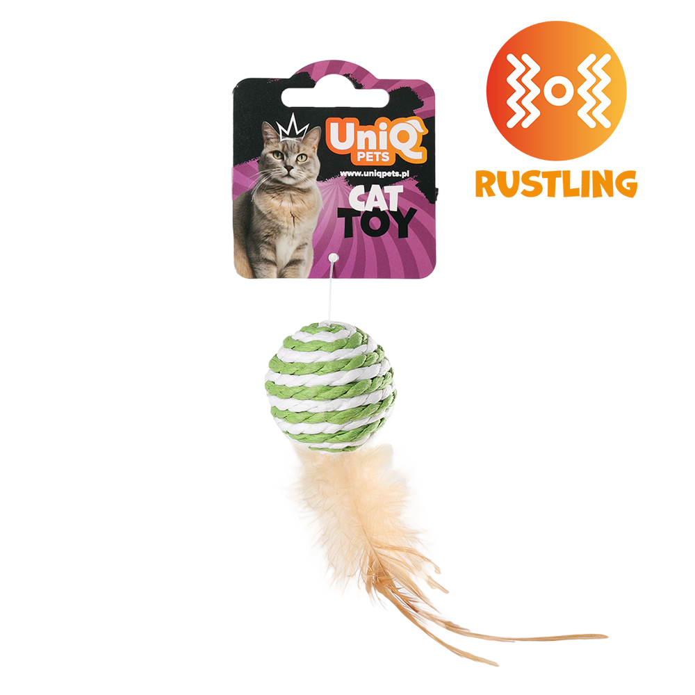 UNIQ PETS CAT TOY PUFFIES Ball From Natural Rope with Feather 4cm (Random Colour)