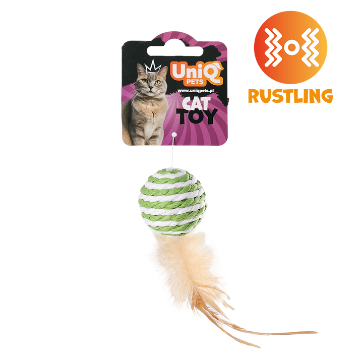 UNIQ PETS CAT TOY PUFFIES Ball From Natural Rope with Feather 4cm (Random Colour)